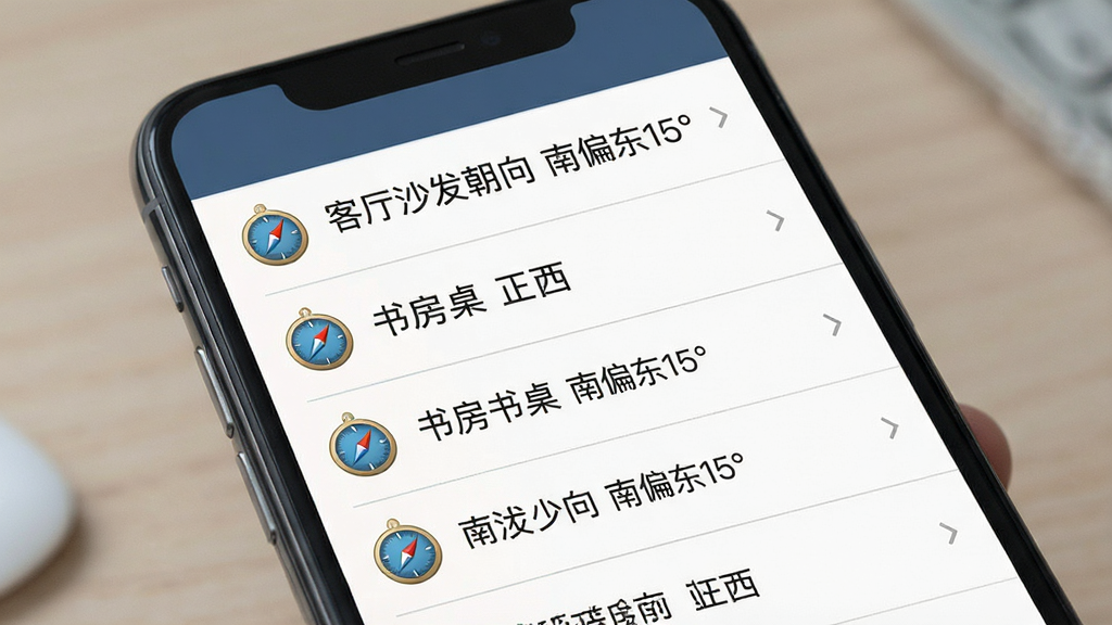 风水方位指南针历史记录界面,主体为手机屏幕显示一个列表,列表项包含“客厅沙发朝向 南偏东15°”、“书房书桌 正西”等记录,每项前有小罗盘图标,布局为纵向列表,排版清晰,风格为简洁商务风,细节包含列表分割线、图标样式、文字层级,画质高清,干净,无多余元素