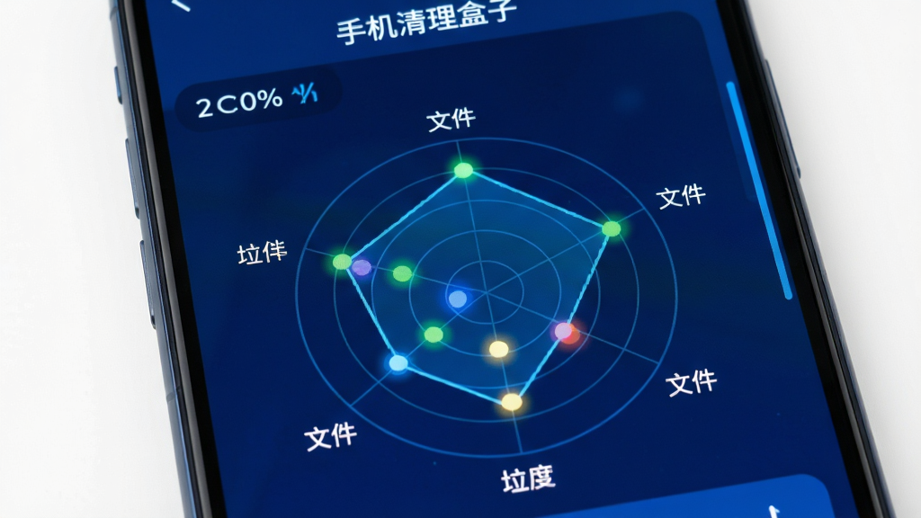 手机屏幕特写,显示“手机清理盒子”的深度扫描雷达图,雷达图上分布着不同颜色的光点代表不同类型的垃圾文件,界面以深蓝色为主色调,主体为手机屏幕,布局居中,风格科技感十足,细节包含扫描百分比和文件分类标签,画质高清,干净,无多余元素