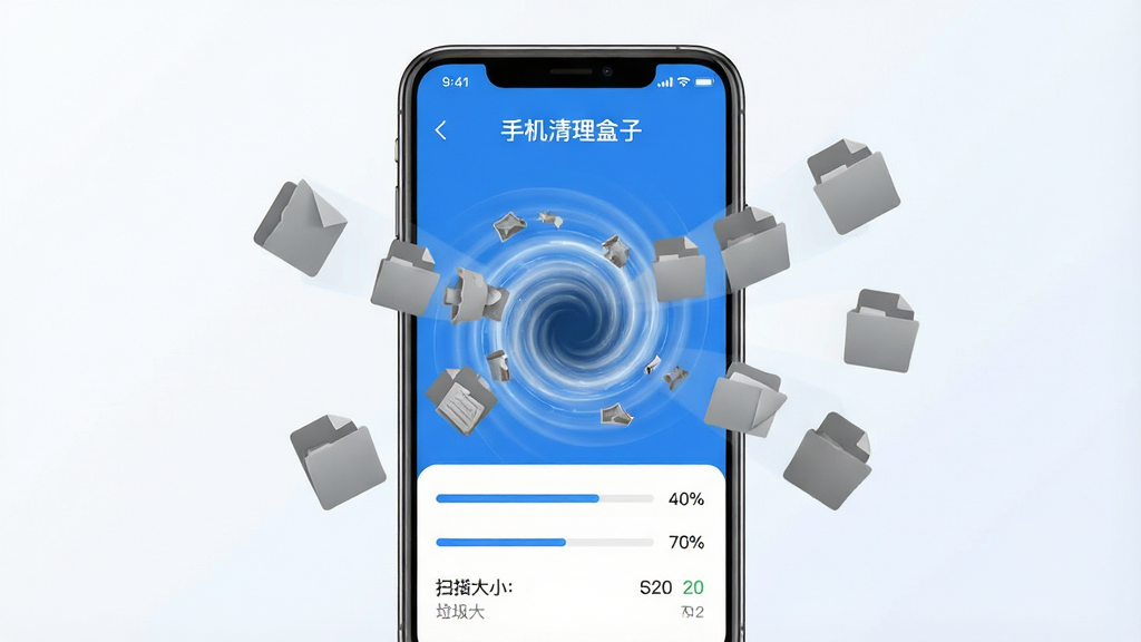 一部智能手机屏幕中央显示“手机清理盒子”应用界面,界面呈现蓝色与白色相间的科技感风格,屏幕周围环绕着代表垃圾文件的灰色图标正在被吸入屏幕中央的清理漩涡中,背景为干净的浅色渐变,主体突出手机与清理动画,布局居中,风格简约科技,细节包含扫描进度条与垃圾大小数值,画质清晰,干净,无多余元素