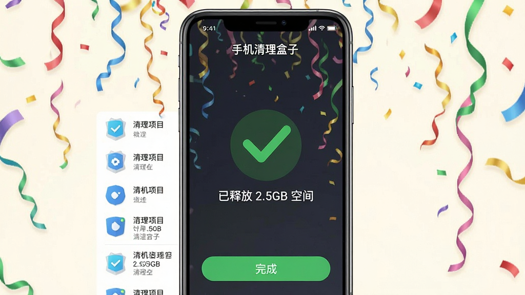 手机屏幕显示“手机清理盒子”的清理完成界面,屏幕中央有一个巨大的绿色对勾图标,下方显示“已释放 2.5GB 空间”字样,背景为庆祝彩带飘落的动画效果,主体为手机屏幕,布局居中,风格欢快轻松,细节包含清理项目列表与完成按钮,画质清晰,干净,无多余元素