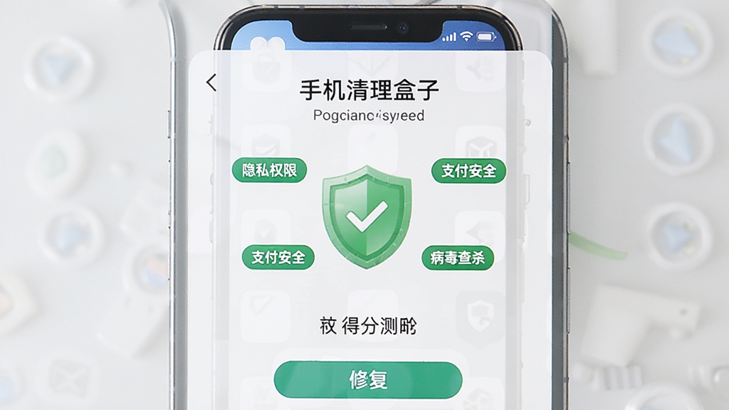 手机屏幕显示“手机清理盒子”的安全检测报告页面,页面中央有一个绿色的盾牌图标,盾牌周围环绕着“隐私权限”“支付安全”“病毒查杀”等标签,主体为手机界面,布局对称,风格安全可靠,细节包含检测得分与修复按钮,画质清晰,干净,无多余元素