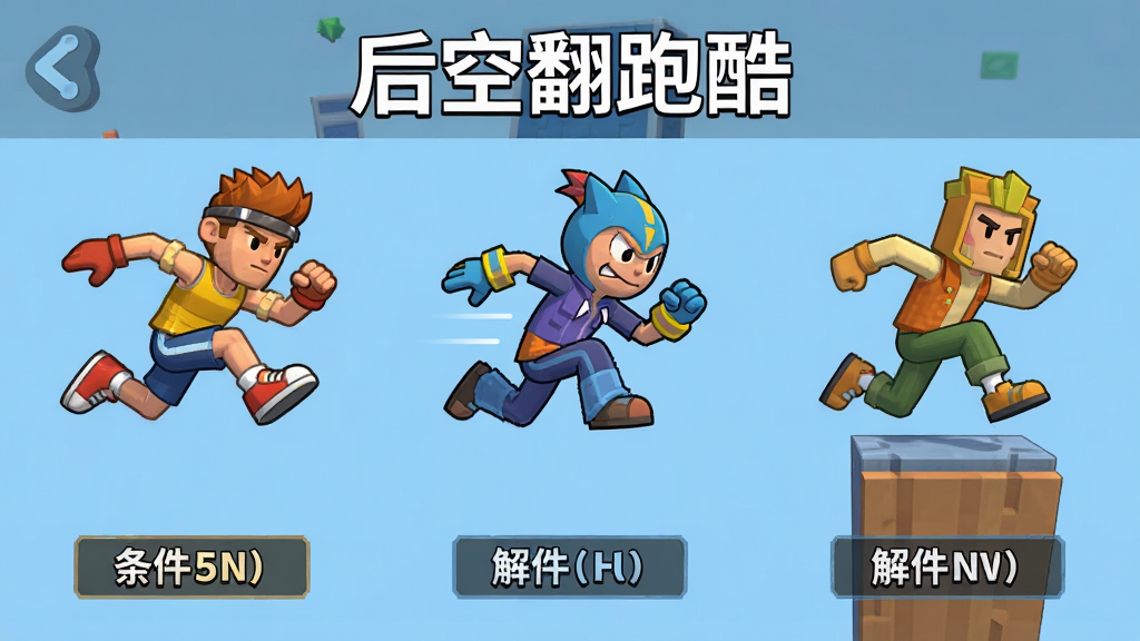 一张游戏角色展示界面示意图,画面中并排展示三个不同造型的跑酷角色,每个角色摆出不同的运动姿态,角色下方标注解锁条件,背景为简洁的纯色,顶部有“后空翻跑酷”文字,高清画质,排版整齐。