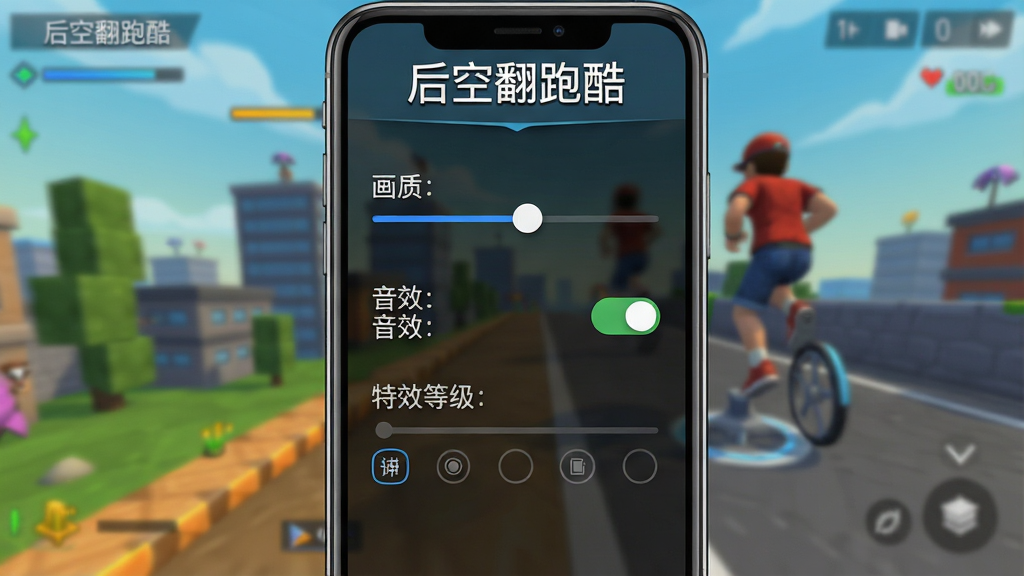 一张手机屏幕显示游戏设置界面的示意图,界面中包含画质调节滑块、音效开关、特效等级选项等,画面清晰展示各项设置的位置,背景为游戏主界面虚化处理,顶部有“后空翻跑酷”文字,高清画质,干净整洁。