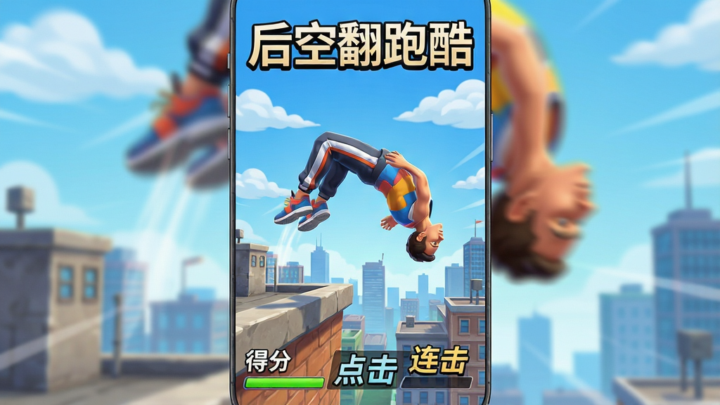 一张竖版手机游戏界面截图,画面中央是一个穿着运动服的角色正在城市天台边缘完成后空翻动作,背景是蓝天白云与远处高楼,画面下方显示得分与连击提示,整体风格明快动感,画面干净无多余元素,高清画质,游戏名称“后空翻跑酷”以艺术字形式出现在画面顶部。