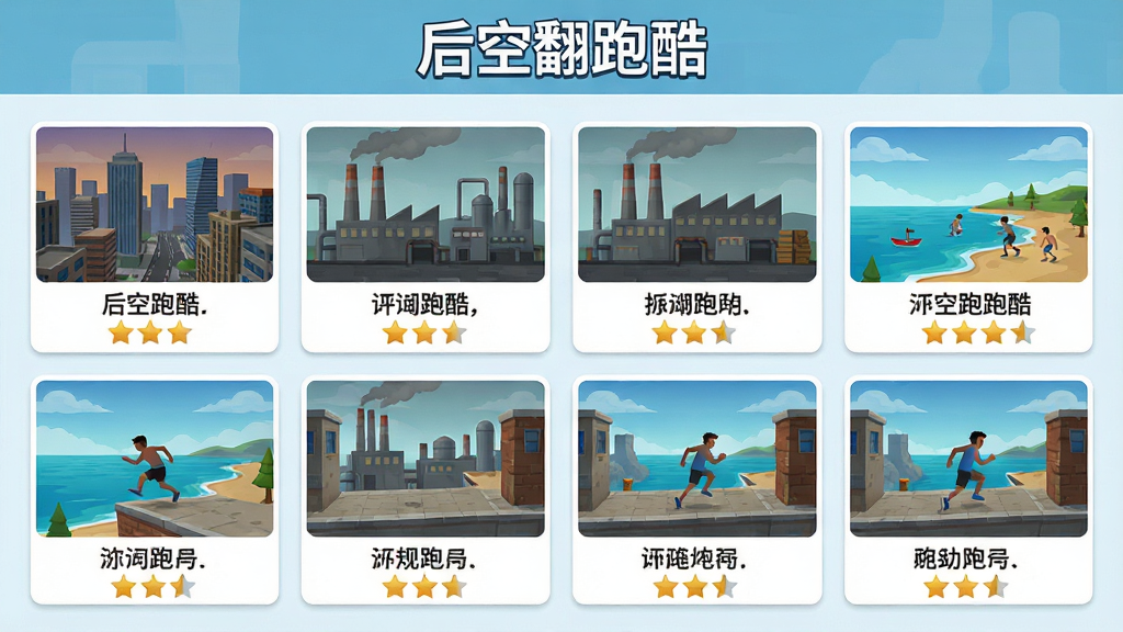 一张游戏关卡选择界面示意图,画面以网格形式展示多个关卡缩略图,缩略图分别呈现城市、工厂、海滨等不同场景,每个缩略图下方标注关卡名称与星级评价,界面风格清爽,顶部有“后空翻跑酷”标题,高清画质,布局整洁。