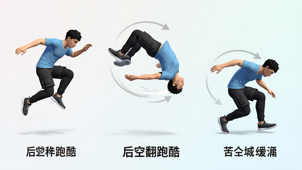 一张游戏动作分解示意图,画面从左到右展示角色起跳、空中翻转、落地缓冲三个连续动作,每个动作下方标注简要文字说明,背景为简洁的浅色渐变,整体风格干净清晰,画面中带有“后空翻跑酷”字样,高清画质,无多余装饰元素。