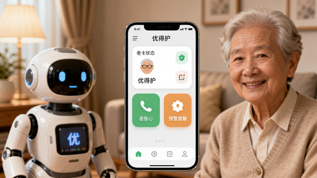��������չʾһ�������ֻ�����Ļ����ʾ�ŵû�APP�������棬�����������״̬��Ƭ������ͨ����ť��Ԥ������ͼ�꣬�ֻ���Χ����һλ΢Ц�������˺�һ����ɫ�����������ˣ�����Ϊ��ů�ļ�ͥ�������������ֲ��þ��й�ͼ���ֻ�λ�ڻ�������ƫ�·���������λ����࣬����λ���Ҳ࣬���Ϊ��ܰдʵ�Ƽ��磬ϸ�ڰ�����͵�ůɫ�ƹ⡢����UIͼ������������ֱ�ǩ