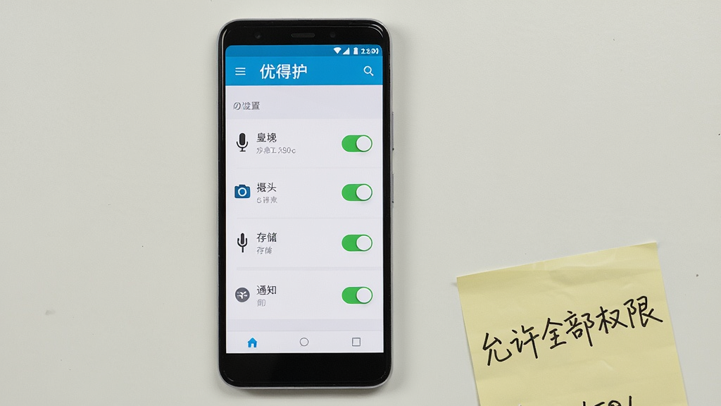 һ����׿�ֻ���Ļ��ʾ�ŵû�APP��Ȩ������ҳ�棬ҳ��������˷硢����ͷ���洢��֪ͨȨ�޵Ŀ��ذ�ť���ֻ��Ա߷���һ����д��ǩд��