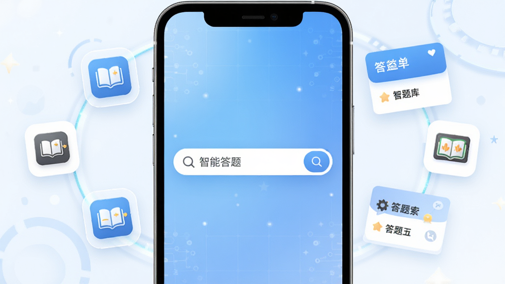 益答超人软件主界面展示,手机屏幕中央显示智能答题搜索框,背景为蓝白渐变科技风格,周围环绕题库图标与答题卡片,画面干净整洁,高清画质,无多余元素