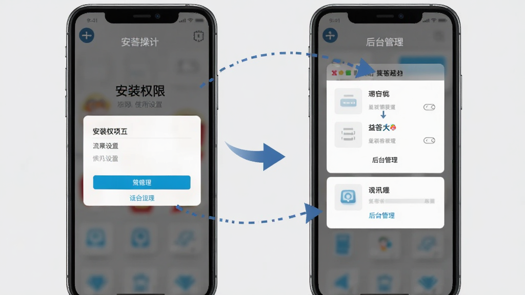 益答超人移动端使用教程示意图,手机屏幕显示安装权限设置界面与后台管理选项,画面分步骤展示操作流程,背景为浅灰色,高清画质,干净整洁