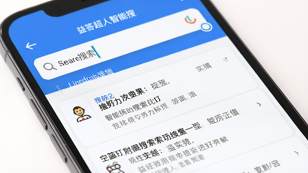 益答超人智能搜索功能展示,手机屏幕显示搜索输入框与搜索结果列表,搜索框内有光标闪烁,结果条目清晰排列,背景为白色简约风格,高清画质,无多余元素