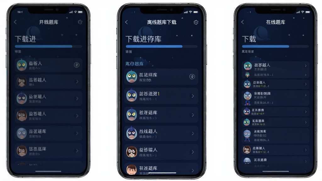 益答超人离线题库下载界面,手机屏幕显示下载进度条与已缓存题库列表,背景为深蓝色夜间模式风格,画面居中,高清画质,干净无多余元素
