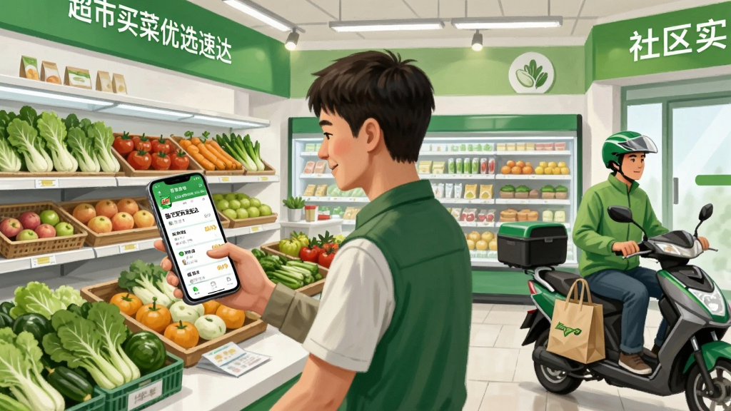 画面展示一家社区超市内部场景,货架上摆满新鲜蔬菜和水果,一名店员正拿着手机对照订单拣货,手机屏幕显示“超市买菜优选速达”的订单列表;画面右侧有一位骑手提着购物袋准备出发;整体采用写实插画风格,光线明亮,色彩以绿色和白色为主,构图横向展开,细节清晰,画质干净,无多余元素