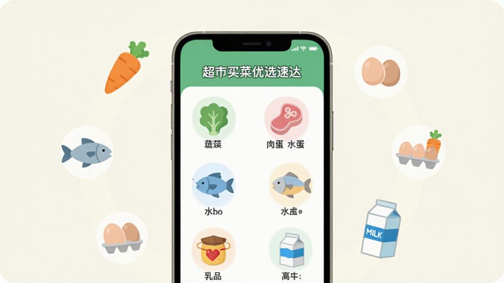 画面中央是一部手机,屏幕显示“超市买菜优选速达”的商品分类页面,分类图标整齐排列,包含蔬菜、肉蛋、水产、乳品等;手机周围漂浮着对应食材的小图标,如胡萝卜、鱼、鸡蛋、牛奶盒;整体采用扁平化图标风格,配色清新,布局为居中环绕式,背景为浅色,画面简洁干净,无多余元素