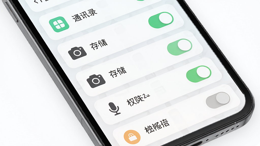 传安知信权限管理界面展示,主体为手机屏幕上的权限开关列表,布局为纵向排列的权限项目,包括通讯录、存储、相机、麦克风等图标,风格为清新浅色卡片式设计,细节包括绿色开启状态、灰色关闭状态、圆角开关按钮,画质清晰,干净,无多余元素