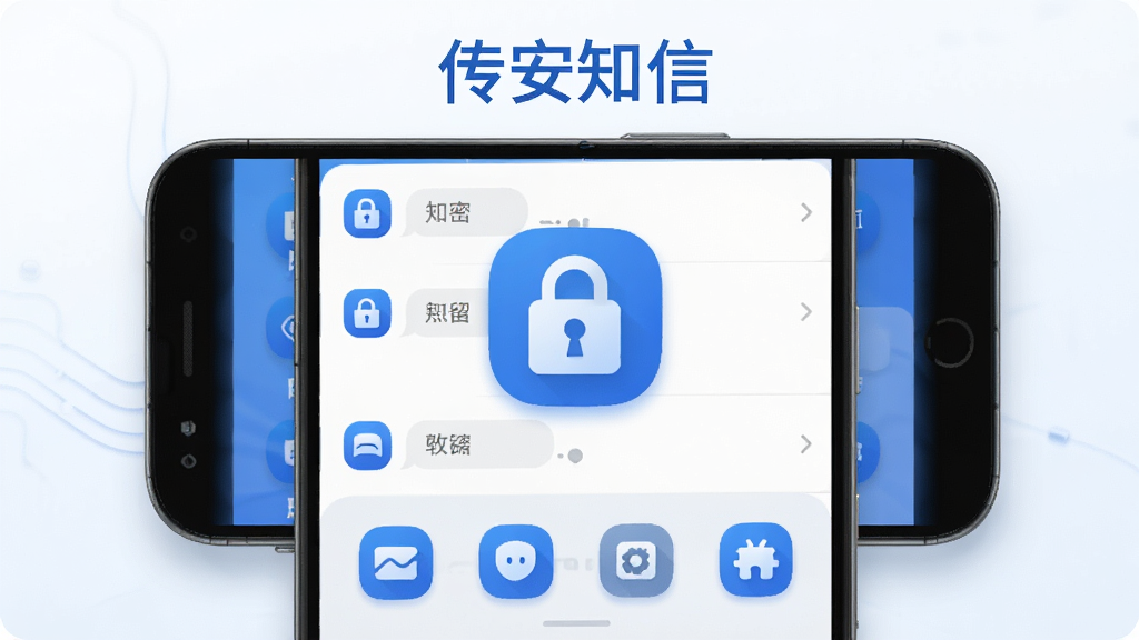 传安知信安全通讯软件主界面展示,主体为一部安卓手机屏幕,屏幕中央显示传安知信应用聊天列表与加密锁图标,布局采用居中对称构图,上方为软件名称“传安知信”文字,下方为功能图标排列,风格为现代简约科技蓝配色,细节包括柔和的阴影、圆角图标、干净背景,画质清晰,干净,无多余元素