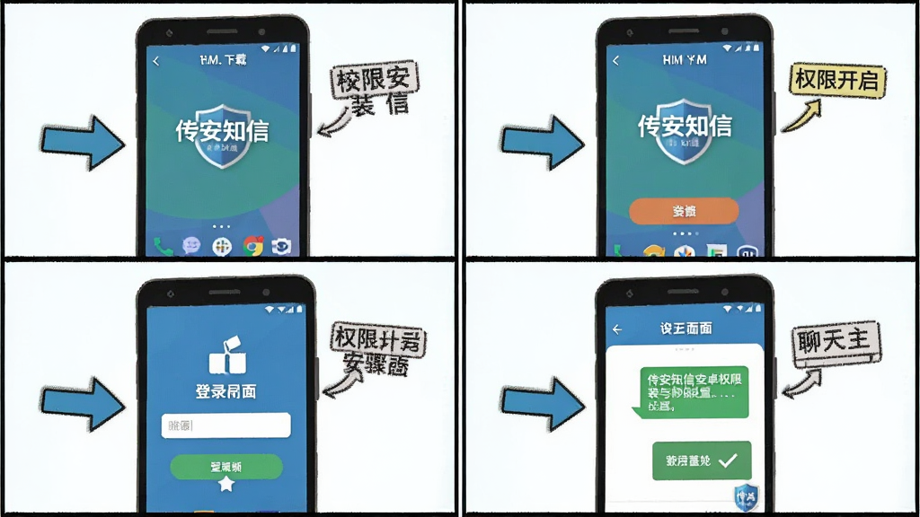 传安知信安卓手机安装与权限设置步骤图,主体为手机屏幕分步截图,布局为四格漫画式排列,分别展示下载安装、权限开启、登录界面、聊天主界面,风格为扁平化教程插画,细节包括箭头指引、文字标注“传安知信”、勾选图标,画质清晰,干净,无多余元素