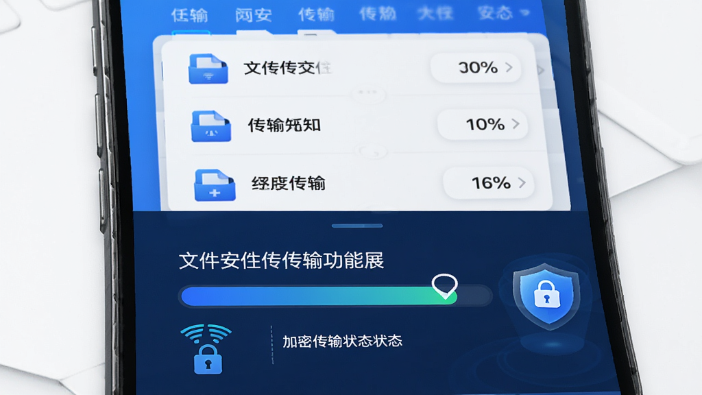 传安知信文件安全传输功能展示,主体为手机屏幕显示文件传输进度条与安全盾牌图标,布局为上下结构,上方为文件列表,下方为加密传输状态,风格为现代商务蓝色调,细节包括文件图标、进度百分比、锁形标志,画质清晰,干净,无多余元素
