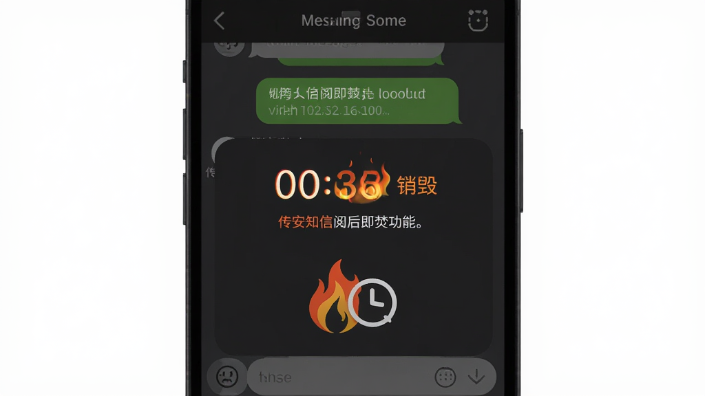 传安知信阅后即焚功能界面,主体为手机聊天窗口显示倒计时销毁图标,布局为居中弹窗样式,上方为消息气泡,下方为火焰与时钟图标,风格为暗色系安全主题,细节包括倒计时数字、燃烧动画效果、警告文字,画质清晰,干净,无多余元素