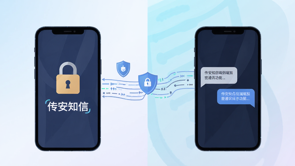 传安知信端到端加密通讯功能示意图,主体为两只手机之间传递加密消息,布局为左右分屏,左侧手机显示加密锁与文字“传安知信”,右侧手机显示解密后的消息气泡,风格为扁平化科技插画,细节包括数据流线条、盾牌图标、柔和渐变背景,画质清晰,干净,无多余元素