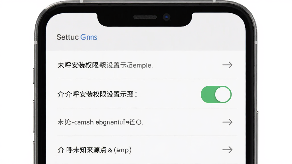 介呼安装权限设置示意图,主体为手机屏幕显示未知来源安装开关,布局为设置列表排版,风格扁平化,细节包含开关按钮、提示文字、箭头指示,画质高清,干净,无多余元素