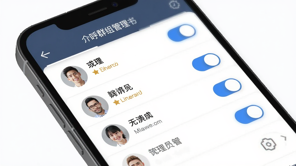 介呼群组管理界面,主体为手机屏幕显示群成员列表与权限开关,布局为列表式排版,风格商务简洁,细节包含头像、昵称、管理员标识、开关按钮,画质高清,干净,无多余元素