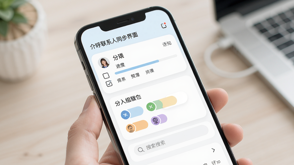 介呼联系人同步界面,主体为手机屏幕展示通讯录导入进度与分组标签,布局为卡片式排版,风格柔和浅色,细节包含复选框、分组颜色、搜索框,画质高清,干净,无多余元素