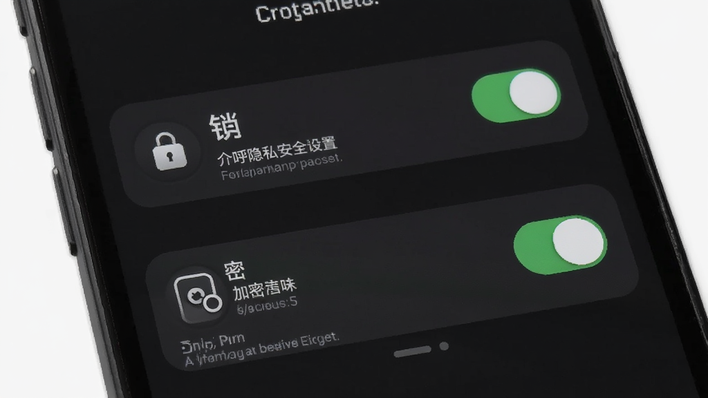 介呼隐私安全设置页面,主体为手机屏幕显示应用锁与加密开关,布局为上下排列的设置项,风格深色模式,细节包含锁形图标、开关状态、说明文字,画质高清,干净,无多余元素