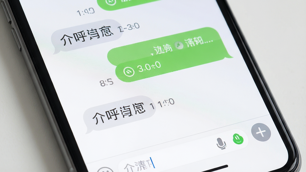 介呼即时消息聊天界面展示,主体为手机屏幕特写,布局为聊天气泡左右分布,排版整齐,风格清新简约,细节包含时间戳、已读状态、输入框,画质高清,干净,无多余元素