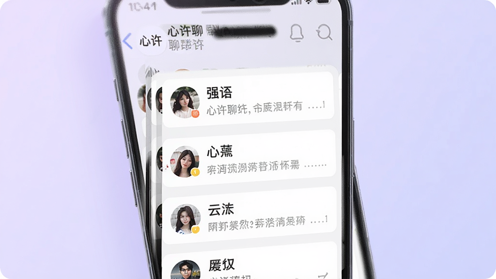 一张展示“心许聊”群组聊天列表的图片,手机屏幕显示多个群组卡片,每个卡片有群头像、群名称和最后一条消息预览。背景为淡紫色渐变,风格简约,画质干净,无多余元素,高清渲染。