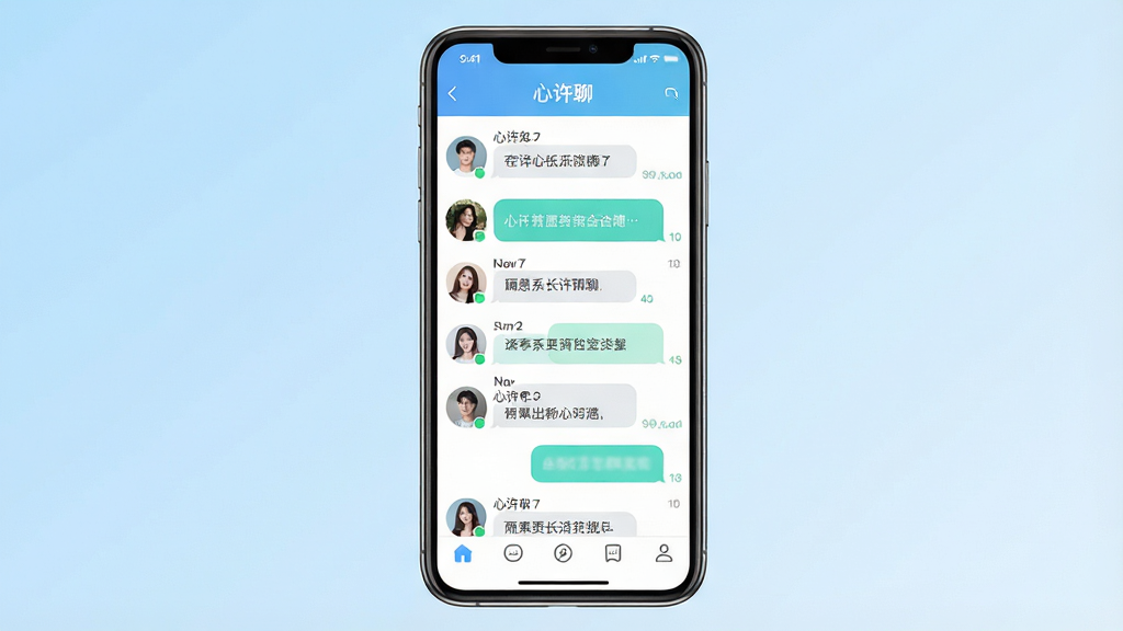 一张展示手机聊天应用界面的图片,画面中央是一部竖屏智能手机,屏幕内显示“心许聊”应用的主聊天列表界面,顶部有“心许聊”文字标识,列表中有多个圆形头像和消息气泡,底部有导航栏图标。背景为浅蓝色渐变,风格简洁现代,细节清晰,画质干净,无多余元素,高清渲染。