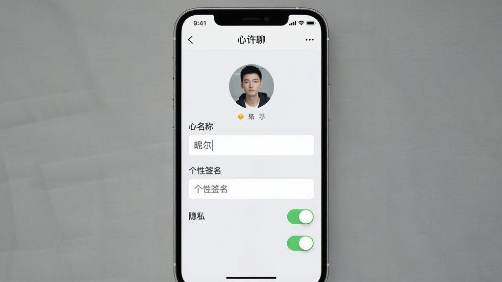 一张展示“心许聊”个人资料编辑页面的手机截图,屏幕上有头像选择、昵称输入框、个性签名栏和隐私开关按钮。背景为浅灰色,风格极简,细节清晰,画质干净,无多余元素,高清渲染。