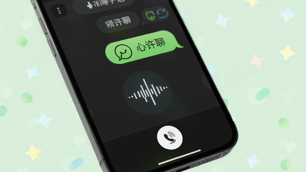 一张展示“心许聊”语音消息功能的手机界面图,画面中手机屏幕显示聊天窗口,底部有按住说话的按钮,屏幕上有一个声波动画图标。背景为柔和的浅绿色,风格清新,细节清晰,画质干净,无多余元素,高清渲染。