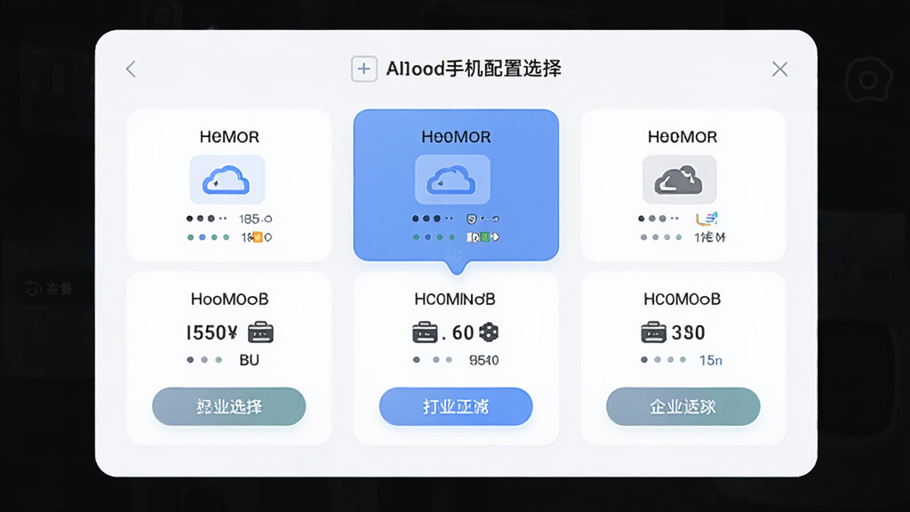 AI云手机配置选择界面预览图,画面展示一个简洁的套餐选择面板,面板上有不同配置的卡片,卡片内标注内存和存储图标,主体为配置面板,布局居中等距排列,风格清爽浅色,细节包含选中高亮和按钮质感,画质清晰,干净,无多余元素