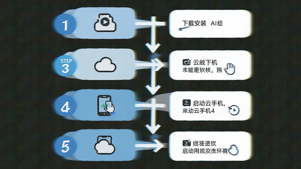 AI云手机新手操作步骤示意图,画面以流程图形式展示从下载安装到启动云手机的四个步骤,每个步骤配有小图标和简短文字,主体为流程指引,布局从上到下纵向排列,风格清新扁平,细节包含箭头连接和步骤编号,画质清晰,干净,无多余元素
