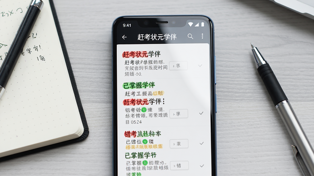 画面展示一部安卓手机屏幕特写,屏幕上显示“赶考状元学伴”的错题本界面,红色标注的错题和绿色标注的已掌握题目排列整齐。手机旁边放着一本笔记本和一支笔,背景为浅灰色桌面。布局为手机居中,笔记本在左侧,笔在右侧。风格为清新简约风,细节包括屏幕反光和桌面木纹,画质清晰,干净,无多余元素。