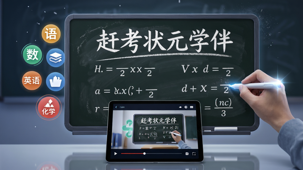 画面主体为一块悬浮的虚拟黑板,黑板上用白色粉笔字写着“赶考状元学伴”和几个数学公式。黑板前方有一台平板电脑,屏幕显示视频课程播放界面。黑板左侧排列着语文、数学、英语、物理、化学五个圆形学科图标,右侧有一支发光的电子笔正在书写。布局采用居中对称结构,风格为现代教育科技感,细节包括粉笔灰颗粒和屏幕反光效果,画质细腻,干净,无多余元素。