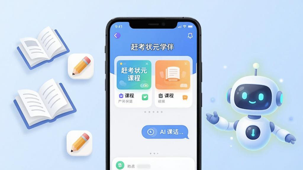 画面中央展示一部安卓智能手机,手机屏幕上显示“赶考状元学伴”APP的主界面,界面内有课程卡片和AI对话入口。手机左侧漂浮几本打开的书本和铅笔图标,右侧有一个发光的AI机器人形象,整体布局左右平衡。背景为淡蓝色渐变,风格为简洁扁平化科技教育风,细节包括柔和的阴影和圆角图标,画质清晰,干净,无多余元素。