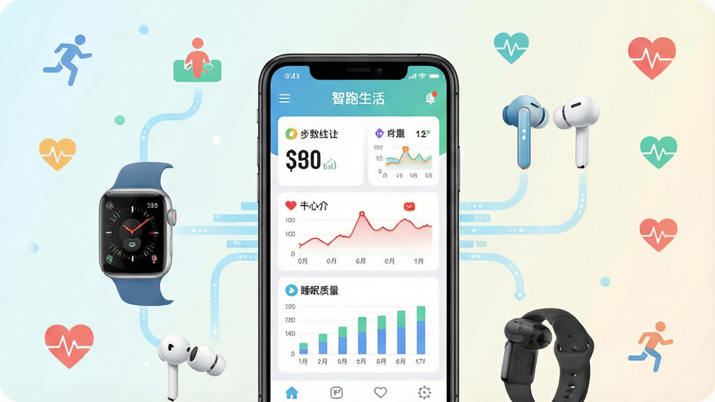 一幅展示智跑生活应用核心界面的概念图。画面中央是一部智能手机,屏幕上显示着智跑生活APP的主页,包含步数统计、心率曲线和睡眠质量图表。手机旁边环绕着智能手表、无线耳机等穿戴设备,设备之间用淡蓝色的数据流线条连接。背景是柔和的浅色渐变,点缀着运动图标和健康符号。风格为现代扁平化科技风,色彩清新明亮,细节清晰,画质干净,无多余元素。