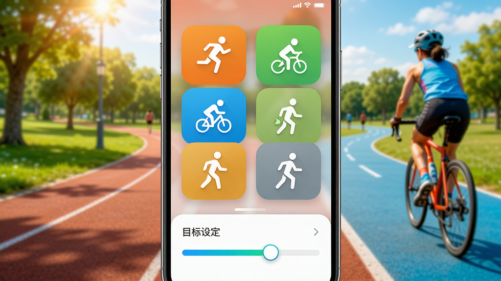 智跑生活APP运动模式选择界面概念图。画面中手机屏幕显示着多种运动模式图标,如跑步、骑行、健走等。屏幕下方有目标设定滑块。背景是户外运动场景,如公园跑道或自行车道。风格为动感活力风格,色彩鲜明,细节清晰,画质干净,无多余元素。