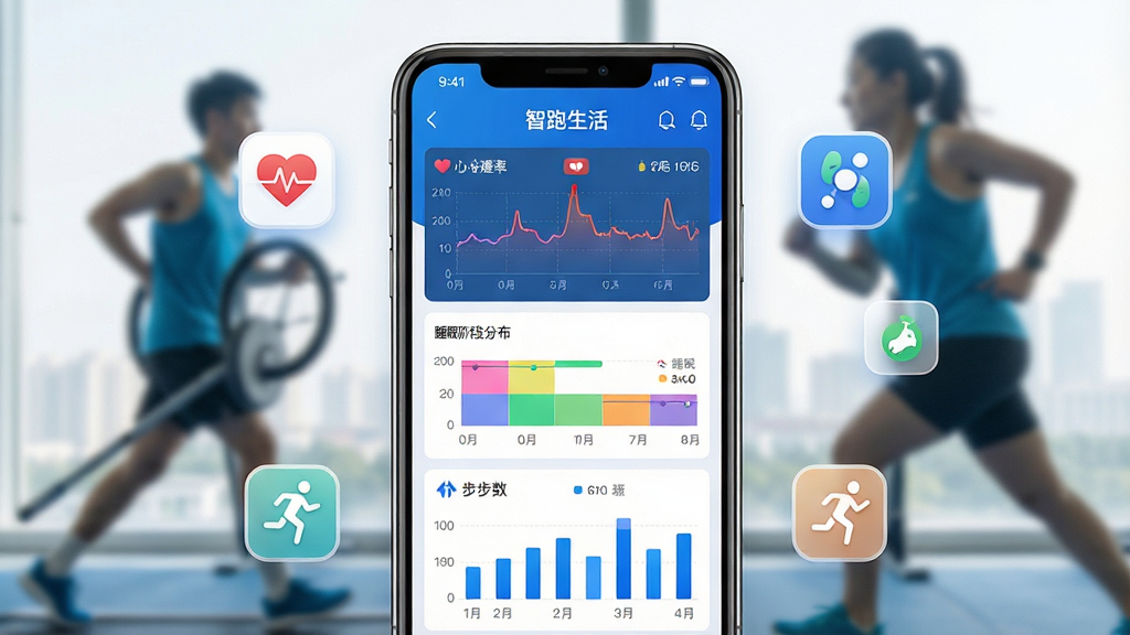 一张展示智跑生活APP健康数据监测功能的界面截图。画面中心是手机屏幕,上面显示着心率曲线图、睡眠阶段分布图和步数柱状图,数据清晰直观。屏幕周围悬浮着心率、睡眠、运动等图标,背景是干净的运动场景虚化图。风格为现代科技感UI设计,色彩以蓝白为主,细节精致,画质高清,无多余元素。