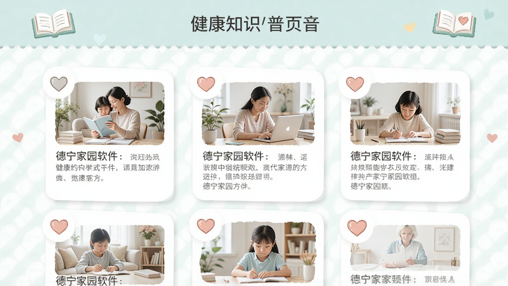 主体为德宁家园软件的健康知识科普页面,布局为卡片式文章列表,排版整齐,风格清新淡雅,细节有书本和爱心图标装饰,画质高清,干净,无多余元素