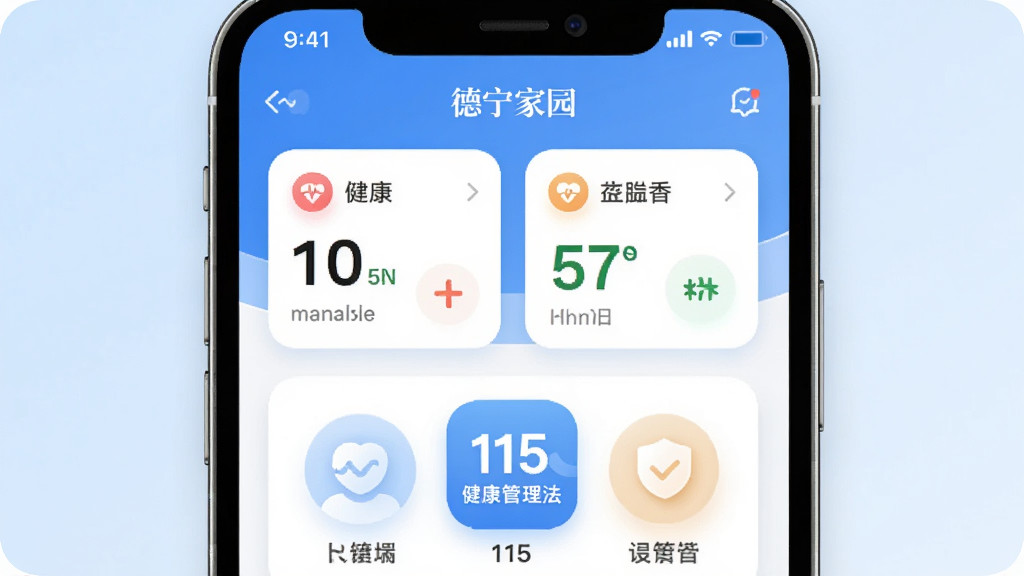主体为一部智能手机,屏幕显示德宁家园应用首页界面,包含健康数据卡片和115健康管理法图标,布局居中,背景为干净的浅蓝色渐变,风格简洁现代,细节有柔和的阴影和圆角图标,画质高清,干净,无多余元素