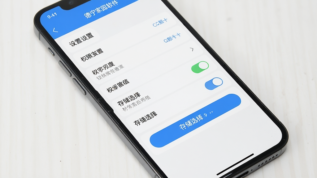 主体为手机屏幕显示德宁家园软件设置页面,布局为列表式选项,排版清晰,风格简约,细节有权限开关和存储选择按钮,画质高清,干净,无多余元素