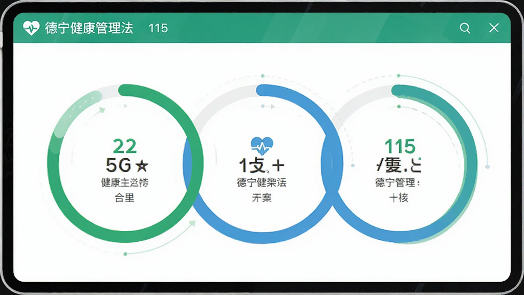 主体为德宁家园软件内的115健康管理法界面截图,布局为三个环环相扣的圆形进度指示器,排版简洁清晰,风格扁平化,细节有绿色和蓝色的健康色系搭配,画质高清,干净,无多余元素