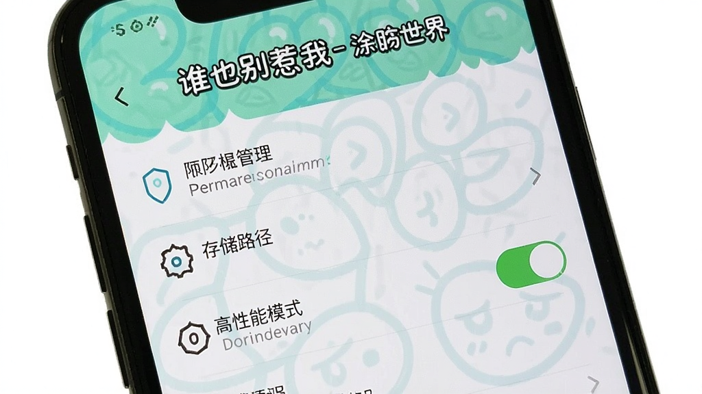 一张手机屏幕显示谁也别惹我-涂鸦世界的设置界面,包含权限管理、存储路径、高性能模式开关等选项,界面简洁明了,风格清新,画质清晰,无多余元素
