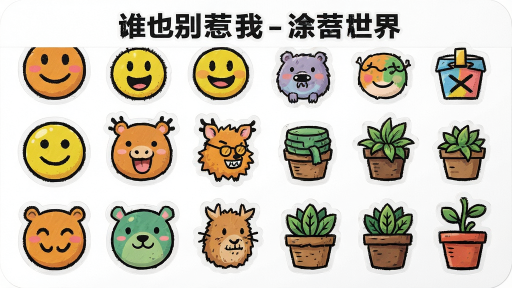 一张展示谁也别惹我-涂鸦世界贴纸面板的图片,面板上排列着各种卡通表情、动物、植物等贴纸素材,色彩鲜艳,风格活泼,界面简洁,画质清晰,无多余元素