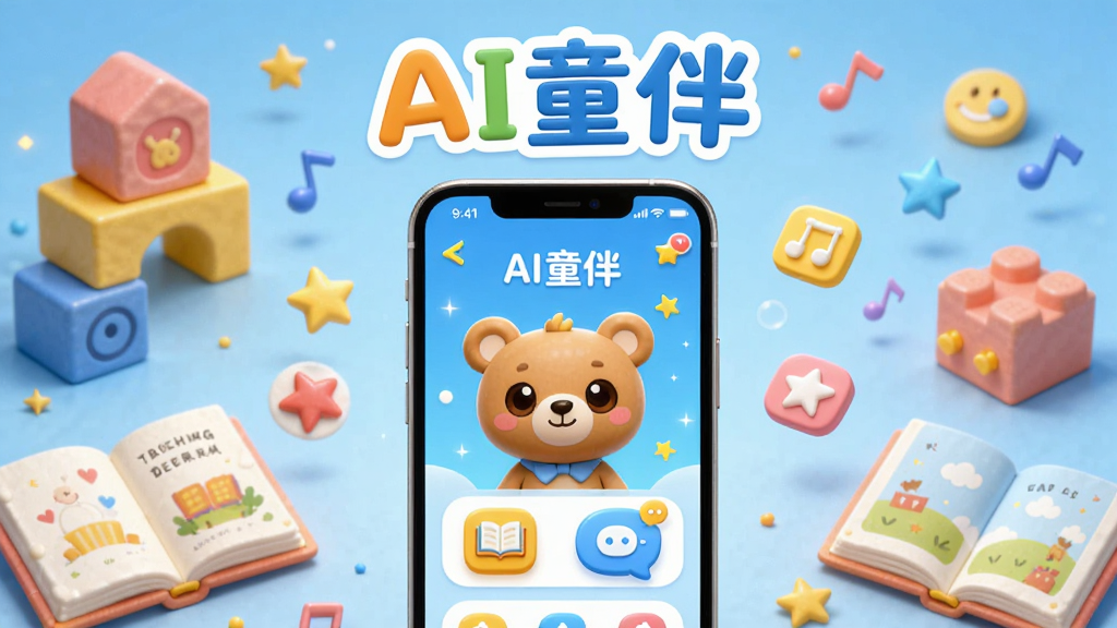 画面中央是一部智能手机,屏幕上显示“AI童伴”APP的卡通界面,界面中有可爱的AI小熊角色、故事书图标和对话气泡;手机周围环绕着彩色积木、绘本、星星和音符等儿童元素;布局采用中心对称,手机位于正中央;排版清晰,上方留白处有“AI童伴”艺术字;风格为卡通3D渲染,色彩明快温暖,以蓝、黄、粉为主色调;细节包括屏幕上的柔和光效、漂浮的彩色小图标;画质高清,干净,无多余元素