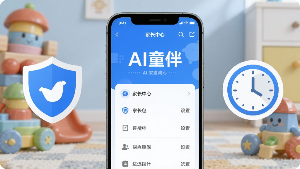 一部手机屏幕显示“AI童伴”的家长中心界面,旁边有一个盾牌和时钟图标,背景有儿童玩具;布局为手机居中,盾牌在左,时钟在右;风格为扁平化科技风,蓝色和白色为主;细节包括界面上的“AI童伴”文字和设置选项;画质清晰,干净,无多余元素