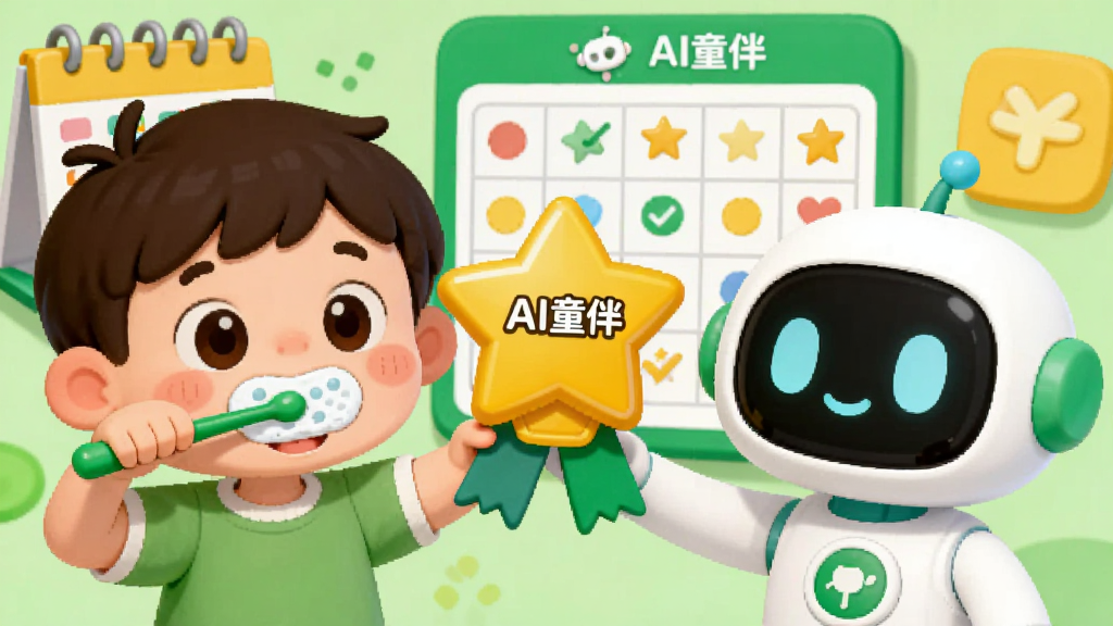一个卡通儿童正在刷牙,旁边有一个AI伙伴举着星星奖章,背景有日历和打卡表;布局为儿童居左,AI伙伴居右,打卡表在后方;风格为明快卡通,绿色和黄色为主;细节包括“AI童伴”文字出现在奖章上;画质清晰,干净,无多余元素